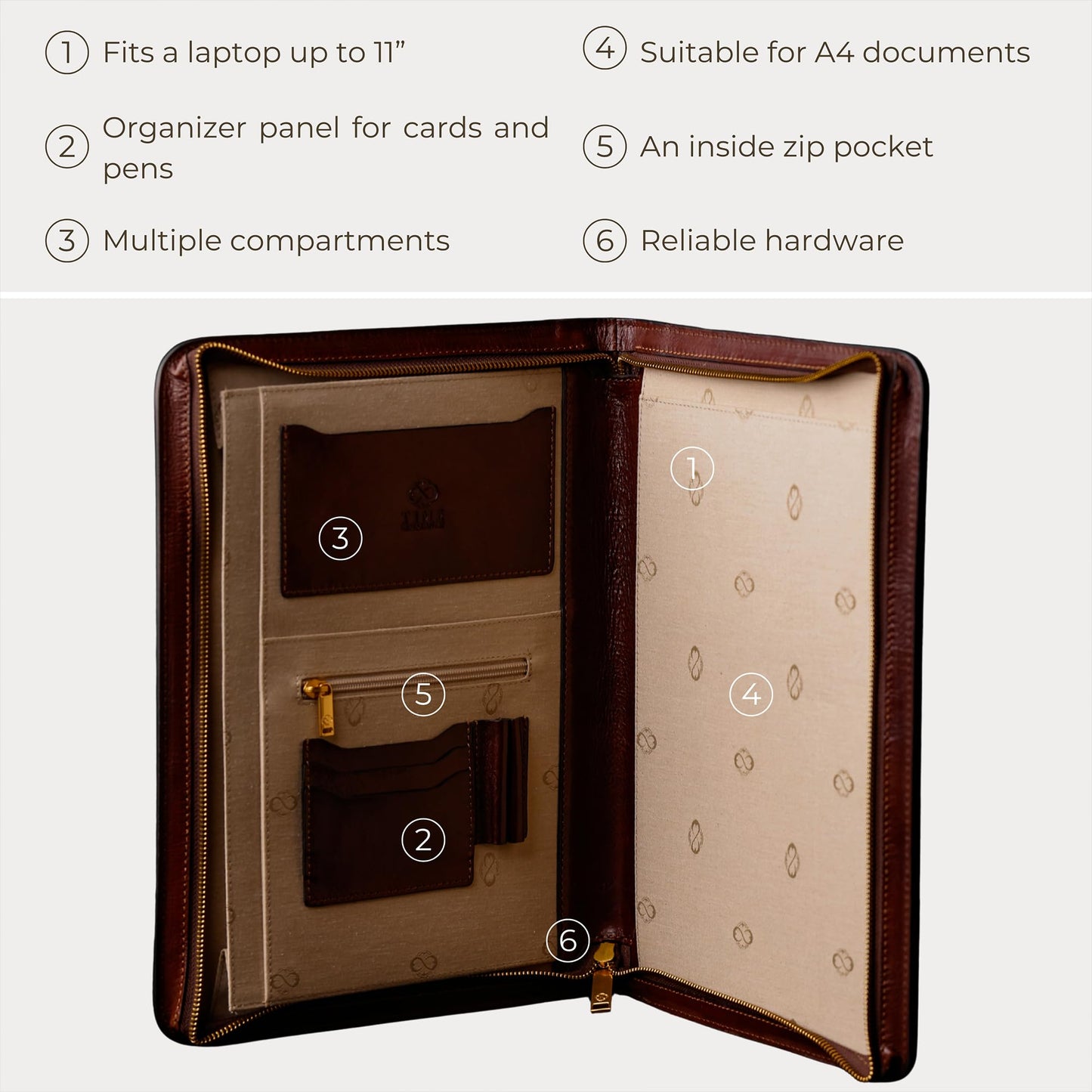 Time Resistance Leather Portfolio - A4 Document Folder - Italian Handcrafted Padfolio Organizer (Brown) - Gift Box Included