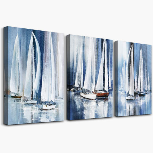 3 Piece Framed Canvas Wall Art For Living Room Bathroom Bedroom Wall Art Decor Ocean Landscape Sailboat Abstract Canvas Painting Ready To Hang Office Home Decoration Sea Poster Pictures Wall Artworks