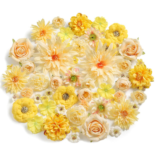 RUIDKUN Fake Flowers Heads Bulk Yellow Mini Artificial Silk Flower for Crafts, Small Artificial Daisy Roses Faux Flowers for Graduation Cap DIY Cake Wedding Party Home Garland Decoration