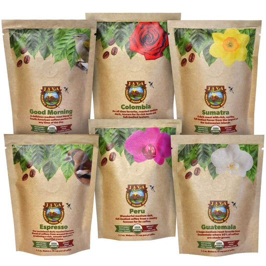 Java Planet, Coffee Gift Sampler Set, for Coffee Lovers: Low Acid Organic Beans: Whole Bean, Mold-Free & Stomach Friendly - Arabica Gourmet, 1.32 LBs (19.2 oz) packaged in 6 Bags Each 3.2 oz