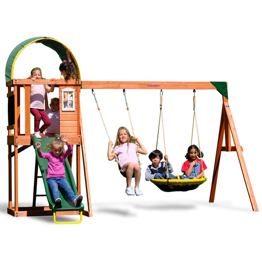 Sportspower Amanda Cedar Wooden Swing Set with Saucer Swing, 6FT Blow Molded Slide, Swing, Play Fort, Heavy Duty Double A-Frame, on Slide