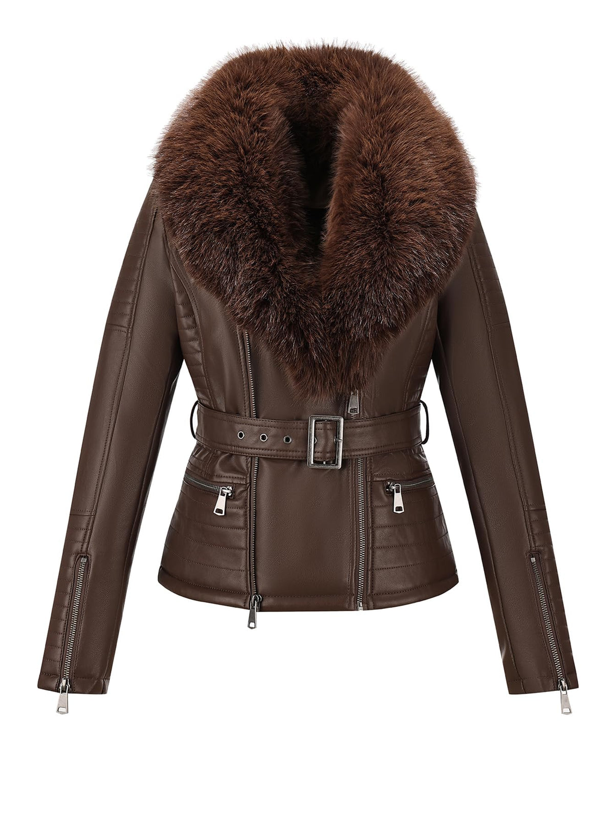 Bellivera Women's Faux Leather Jacket Moto Sherpa-Lined Coat Brown L