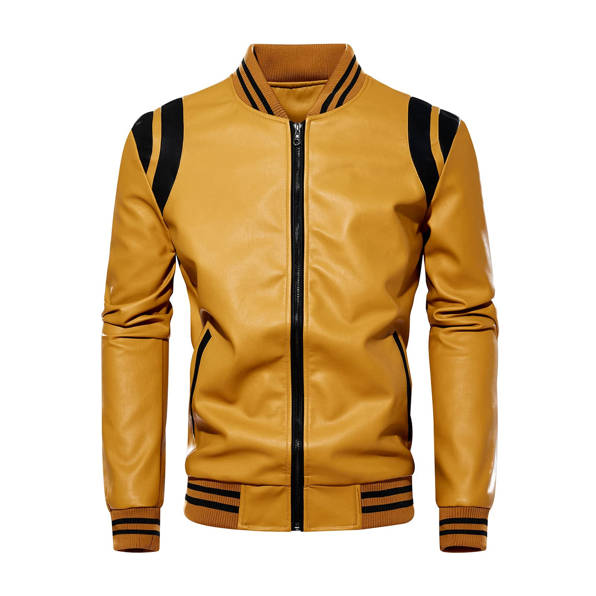 chuida Slim Fit Men's Stand Collar Leather Jacket Motorcycle Lightweight Faux PU Faux Leather Zip Up Bomber Coat Men Casual Outwear (as1, alpha, l, regular, regular, Yellow)