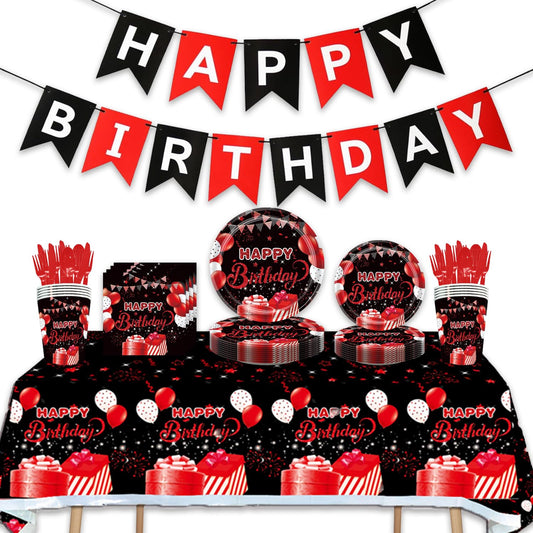 142Pcs Red and Black Birthday Party Tableware Set Inculde Plates Napkins Knives Forks Spoons Cups Banner and Tablecover Red and Black Birthday Party Decorations Supplies Serve 20