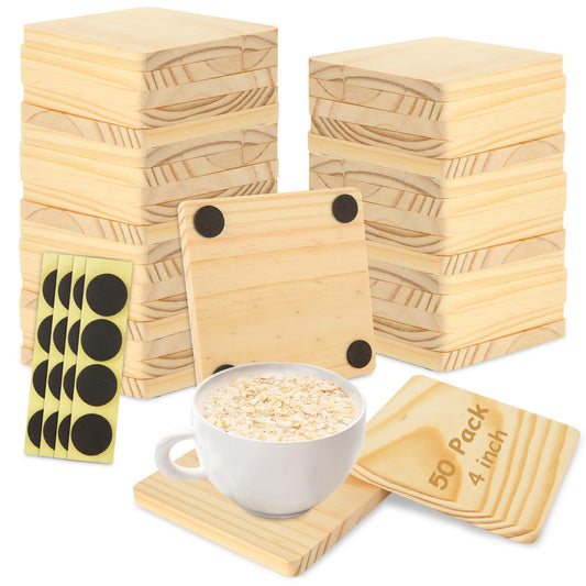 CYEAH 50 Pcs Unfinished Square Wood Coasters, 4 inch Blank Wooden Craft Coasters with Non-Slip Foam Pad Stickers, Wooden Slices for Nature Crafts & Wedding Decoration Painting Wood Engraving