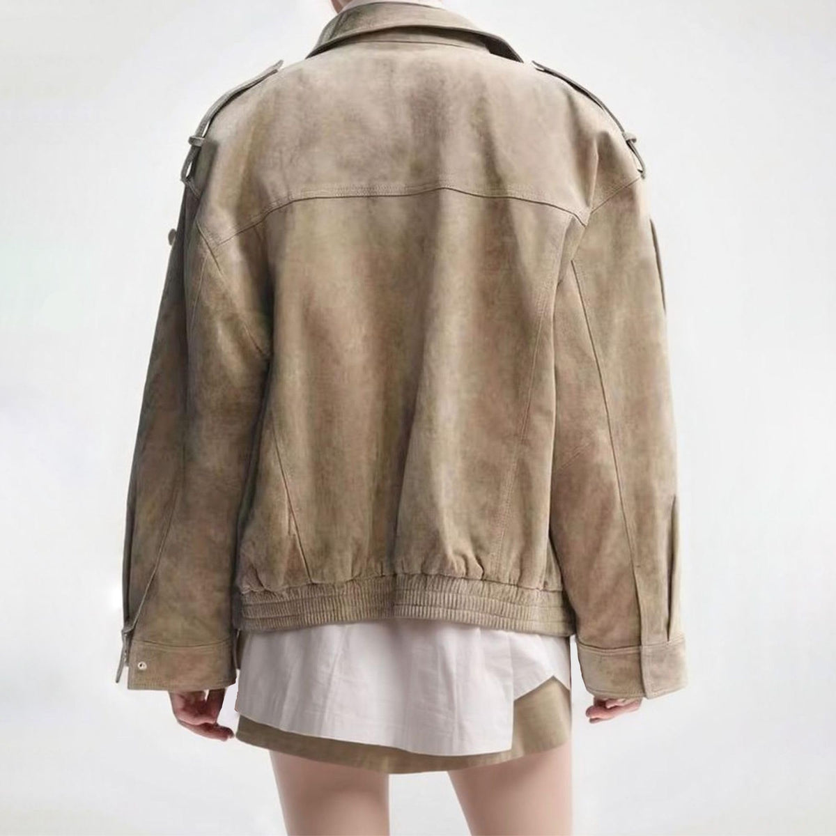 FindThy Women’s Suede Leather Jacket Vintage High Collar Long Sleeve Zip Up Oversized Outerwear Coat with Pockets(4196-Khaki-M-aLB)