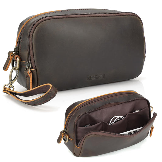 Polare Full Grain Leather Travel Electronics Organizer Case Cable Storage Carry Bag with YKK Zippers Tech Pouch for Cord, Phone, Cables, USB, SD Card, Travel Essentials