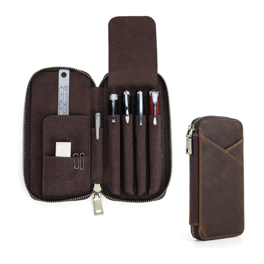 Hiram Handmade 4-Pen Case, Triple-Zip Crazy-Horse Leather Pouch with Microfiber Suede Lining, Heart-Stamped, Fountain/Ballpoint Box, Vintage Executive Stationery Storage(Coffee)