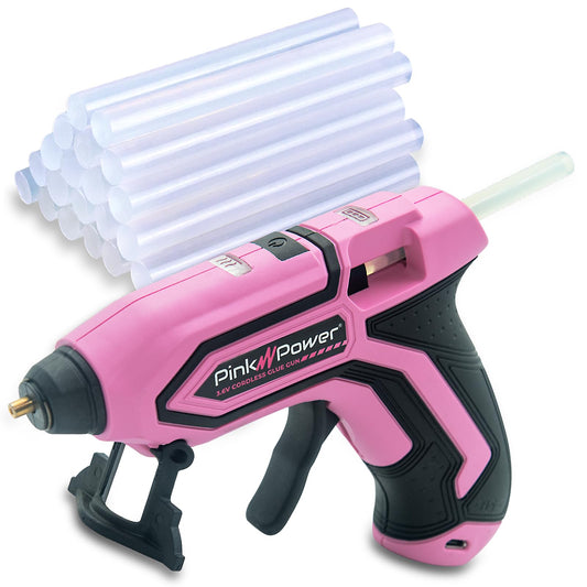 Pink Power Mini Cordless Hot Glue Gun Kit with Stand – 20 Sticks, Battery Powered, Wireless, Fast Heating, USB Rechargeable, Portable Glue Gun for DIY Crafts, Home Repairs, and School Projects