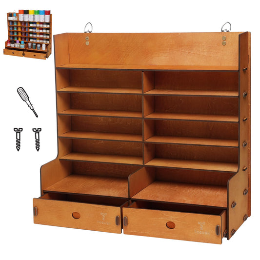 T TOGUSH Miniature Paint Rack, 6-Tier Wall Mount Paints Organizer with 2 Drawers for Model Craft Miniatures, Tools Brushes, Spray Cans for Paint Holder Storage