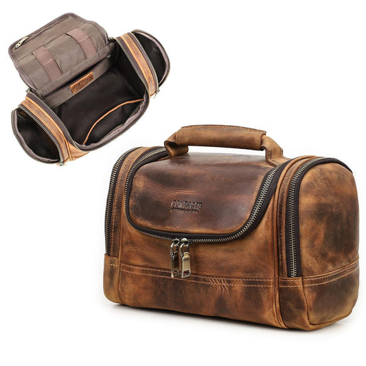 CONTACTS Crazy Horse Leather Toiletry Bag for Men Travel Bathroom Shaving Dopp Kit Toiletries Organizer Vintage Brown Cosmetic Bag Handbag