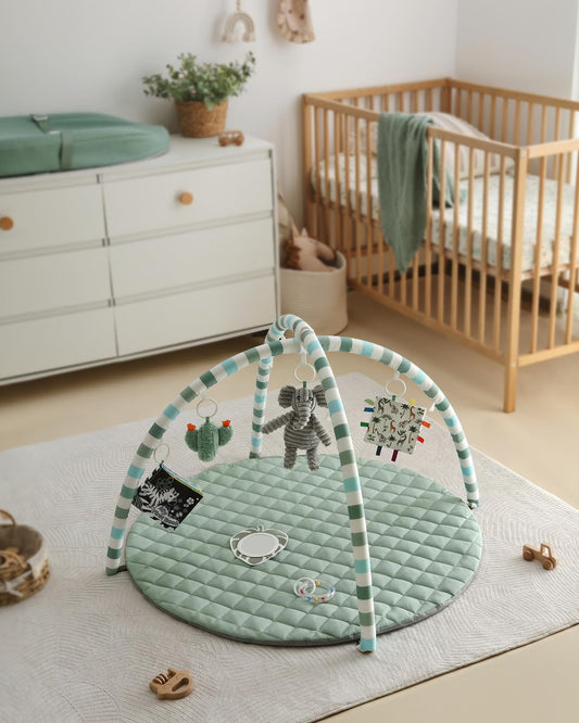 Blissful Diary Baby Play Gym Mat, Play Mat Activity Mat with 6 Detachable Toys for Stage-Based Sensory & Motor Skill Development, Easy to Install & Clean, Baby Essentials Gift, Sage Green