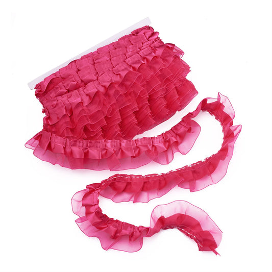 Beadthoven 21.8 Yards Double-Layer Lace Edge Trim Organza Ribbons 1-5/8 Gathered Pleated Ruffle Trim Chiffon Lace Tulle Trimmings Fabric Ribbon for Sewing DIY Crafts Dress Costume Pillowcase Hot Pink