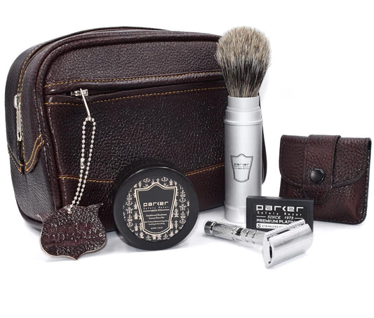 Parker Travel Shave Kit – Premium Buffalo Leather Travel Bag, Portable Safety Razor with 5 Blades, Pure Badger Lathering Brush & Sandalwood Shea Butter Soap