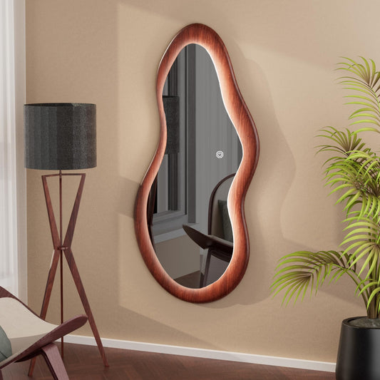 osemy 48"x 24" LED Wood Full Length Mirror with Lights Irregular Wavy Full Body Mirror Shatter-Proof Hanging/Leaning Wall Mounted Walnut Wooden Framed for Dressing Bedroom Living Room