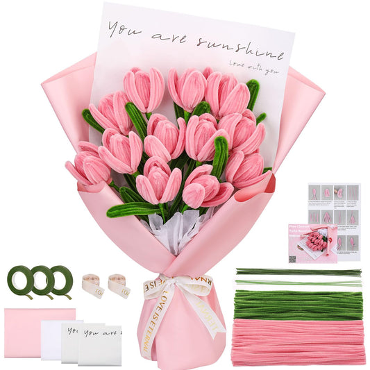 UzecPk Pipe Cleaner Flower Kit, Pipe Cleaners Bulk, Chenille Stems Pink Pipe Cleaner Craft, Pipe Cleaners Flowers with Floral Wire, Floral Tape, Instructions for Mother's Day Craft Home Decoration