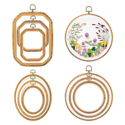 9 Pcs Large Embroidery Frame Decorative Imitated Wood Display Embroidery Hoop Circle Oval Octagonal Cross Stitch Hoop Ring for Art Craft DIY Sewing and Hanging Ornaments Decor(Color:Brown)