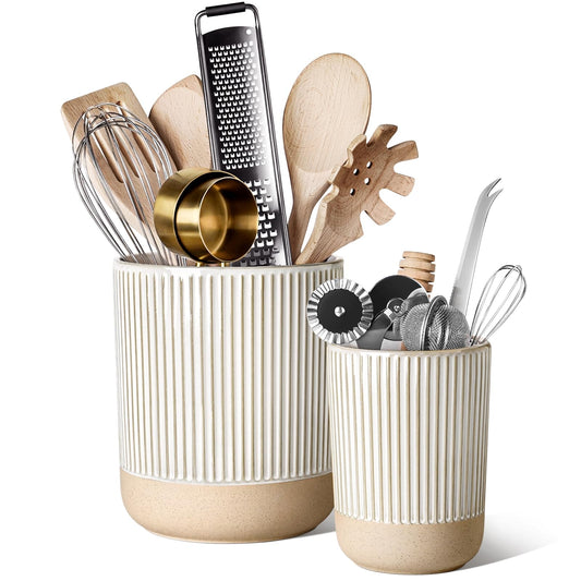 LE TAUCI Ceramic Kitchen Utensil Holder Set of 2 - 6.9"+5.3" Large Cooking Utensil Crock & Organizer for Spatula, Spoon, Whisk - Farmhouse Countertop Storage, Cream Beige, Line
