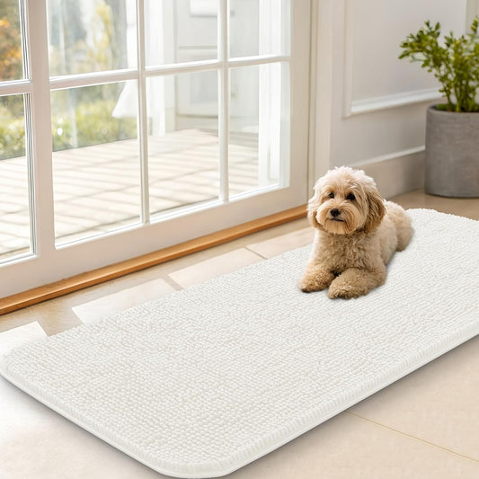 OLANLY Dog Door Mat - Absorbent Non-Slip Mud Mat for Dogs | Quick Dry Chenille, 47x20, Ivory