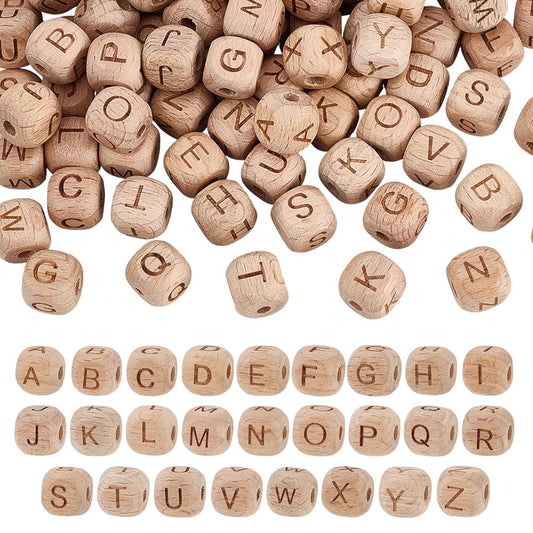 PH PandaHall 104pcs Alphabet Wooden Beads, 10mm Flat Round Letter Beads Natural Wooden Flat Bead Wood Loose Bead for DIY Crafts Jewelry Making, Hole 3~3.5mm