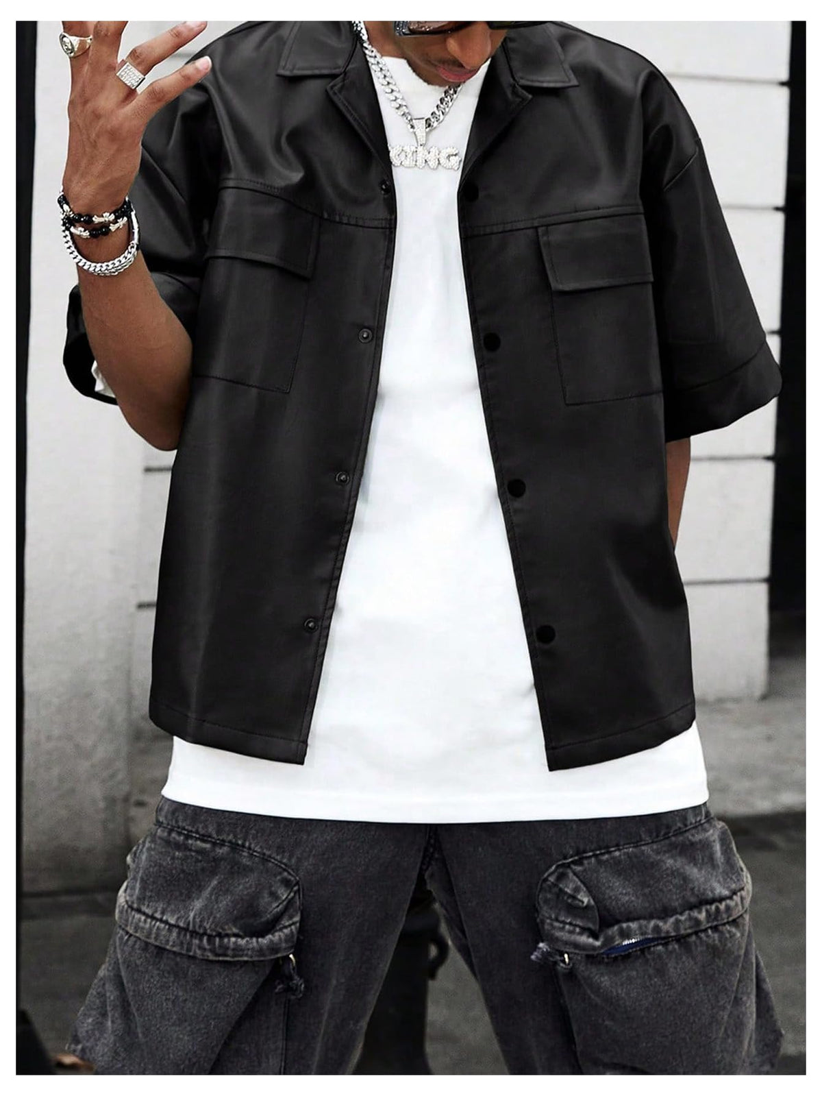 BEAUDRM Men's PU Leather Outerwear Gothic Button Down Half Sleeve Collared Motorcycle Jacket Streetwear Black Large