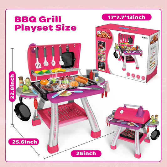 AuroTops Pink Kitchen Toy Set, Kids Grill Playset with Smoke, Sound & Light, Little Chef Play,Cooking Interactive Toys Christmas Birthday Gift