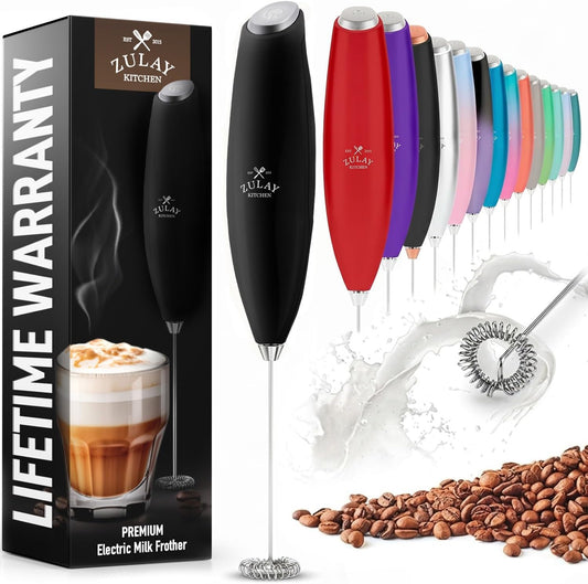 Zulay Kitchen Milk Frother - Handheld Electric Whisk for Lattes, Matcha & More | Durable Stainless Steel - Black