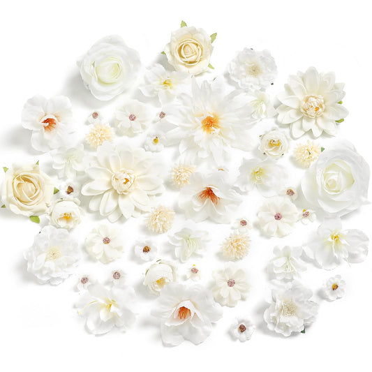 YYHUAWU Fake Flower Heads Mini White Artificial Flower Faux Dahlia Rose Flowers Multicolor Silk Daisy Flower Heads for Craft Garland Wedding Bridal Baby Shower Home Party Decoration DIY Cake Decor