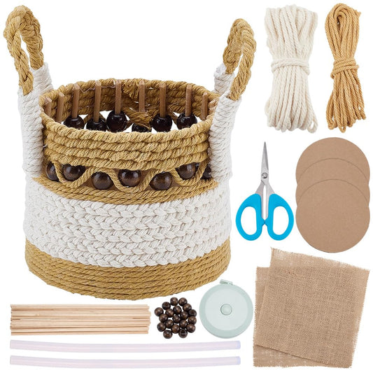 FREEBLOSS Macrame Woven Basket kit DIY Macrame Kit for Beginners with Instruction Wooden Beads Basket Weaving Craft Supplies Baskets Weaving Project for Holiday Activities