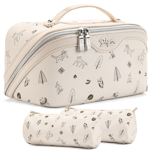 BOYATU Travel Makeup Bag Cosmetic Bags for Women: 3 Pcs Set Portable Make up Bag with Handle - PU Leather Toiletry Bags with Compartments - Makeup Organizer for Travel Essentials(L-4-White)