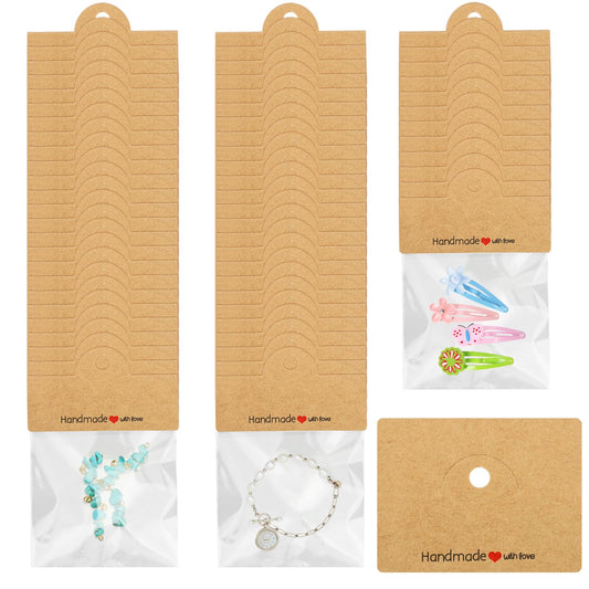 Janlaugh 200 Pcs Jewelry Package Bags Jewelry Display Bags for Small Business Brown Display Clear Pouch for Selling, Small Craft Packaging Set for Bracelets, Key Chains, Earring, 3.15 x 4 Inches