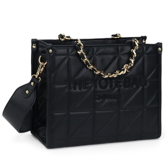 Chinllo Tote Bag for Women Laptop Quilted Chains Satchel Purse and Handbags with Shoulder Strap (E.Black-L)