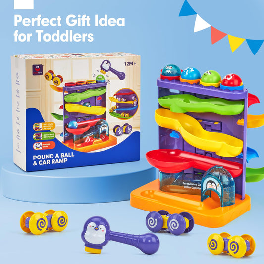 hahaland Toddler Toys for 1 Year Old Boy Birthday Gift 2 in 1 Pound Ball Toy & Car Ramp Race Track Learning Active Early Developmental Montessori Toys for 1-Year-Old Birthday Gifts