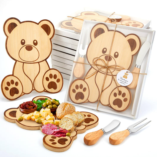 Ziliny 12 Set Baby Shower Prizes Bear Shaped Cheese Board with Cheese Knives and Forks Baby Shower Party Favors Gift Box for Wedding Bridal Birthday Gender Reveal Favor (Bamboo Color)