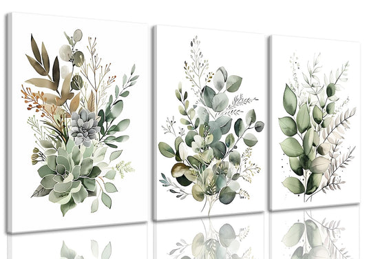 Bwodke Botanical Wall Art Plant Floral Watercolor Canvas Prints Set of 3 Framed Sage Green Painting Eucalyptus Leaf Picture Modern Minimalist Boho Decor Bedroom Bathroom Living Room 12"x16"