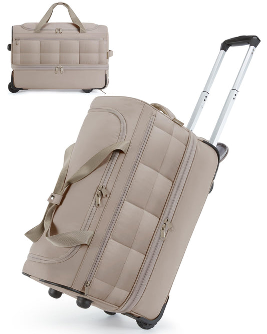 BAGSMART Rolling Duffle Bag with Wheels, Carry On Bag Duffel Bag for Travel, Wet Pocket Duffle with Wheels and Handle, Khaki, 40L