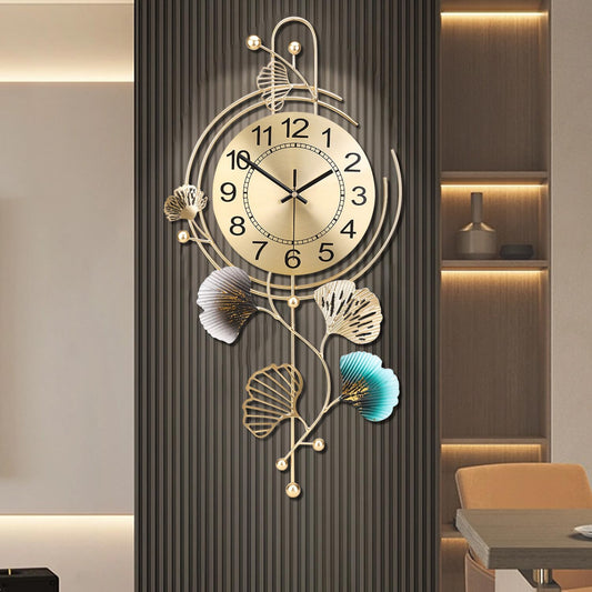 FILLOVE Elegant Metal Wall Clock with Silent Round dial and Gold and Blue Leaves, Modern Non-Walking Silent Metal Wall Clock for Living Room, Bedroom, Study, Office (25in*12in) (Gold Leaf)