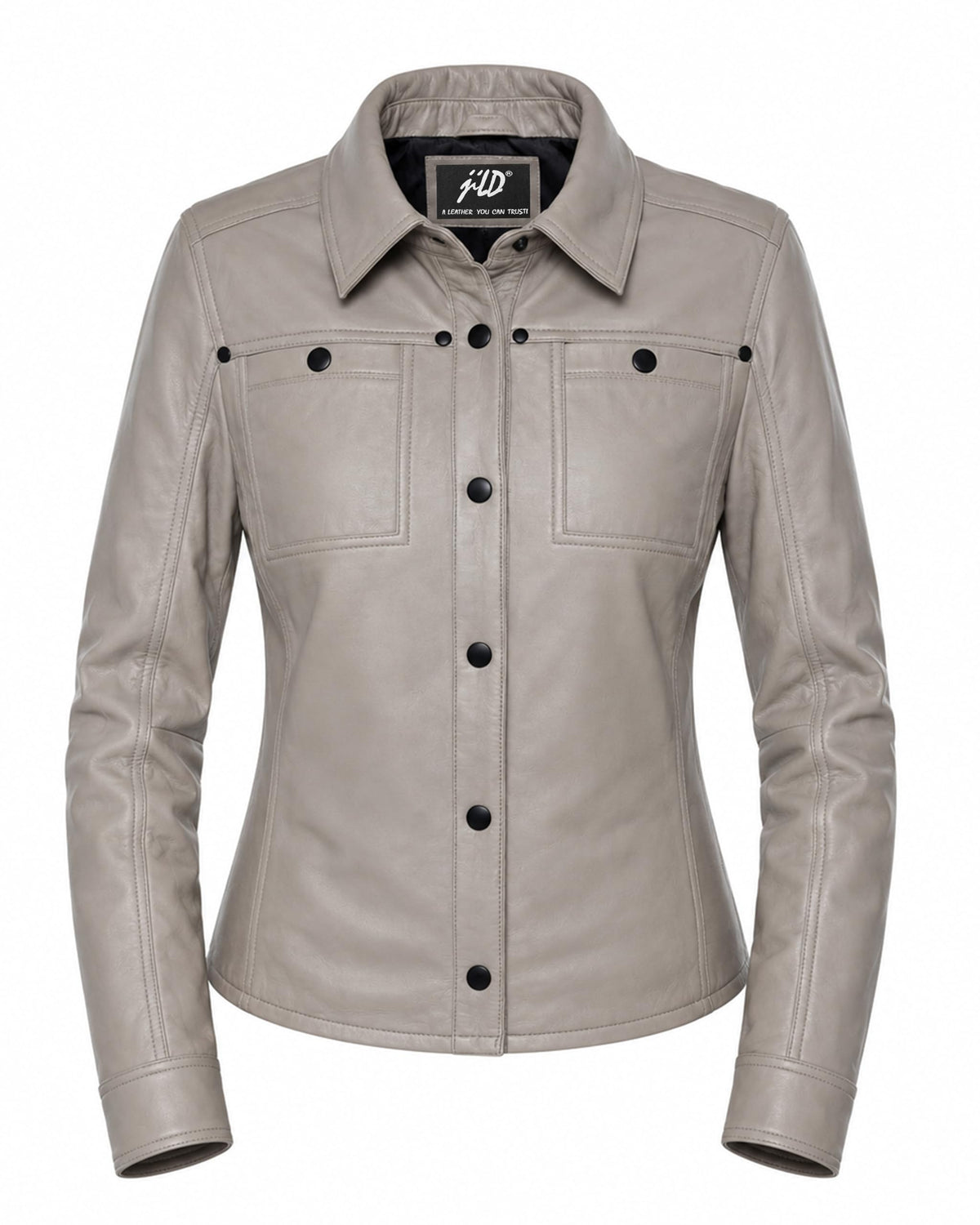 Jild Womens Button Front Lambskin Leather Jacket Shacket - Casual Shirt Long Sleeve Leather Jacket Women with Bust Pocket (Grey-L)