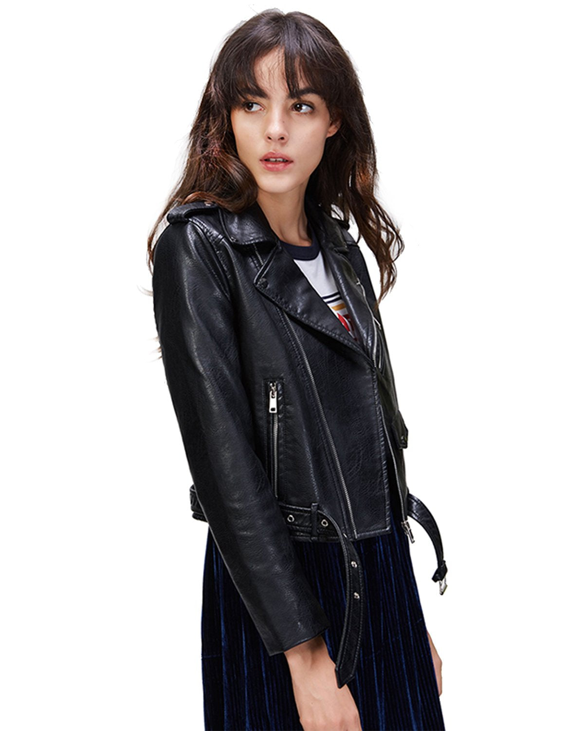 LY VAREY LIN Women's Faux Leather Motorcycle Jacket PU Slim Short Biker Coat (L, Black)