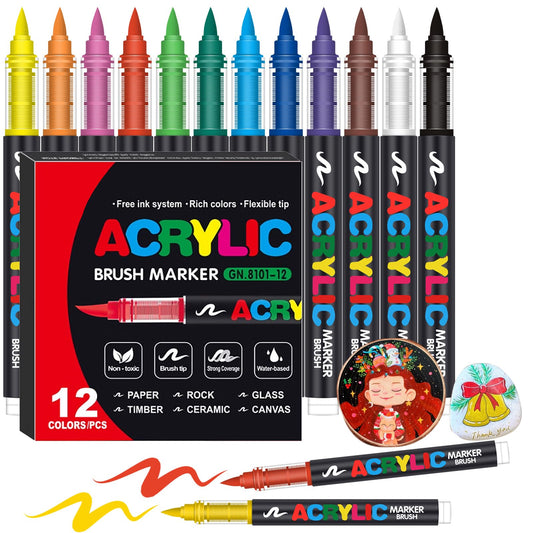 Amamao Acrylic Paint Markers, Soft Brush Tip Pens and Markers, Acrylic Paint Pens for Wood, Stone, Canvas, Glass, Fabric, Egg, Rock Painting and DIY Crafts Art Supplies (12)