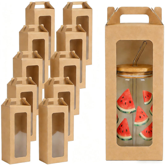 25Pcs Tumbler Gift boxes for glass cup with Handle for 16oz 18oz 20oz Sublimation Glass, Cup boxes for packaging 16oz,Drinking Cup Glasses Mug Can Blanks Tumbler Boxes with window for gifts(Brown)