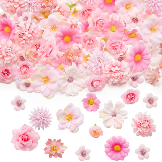 CIPOWM 100Pcs Mini Faux Flower Heads Pink Artificial Flower Heads Small Silk Flower Fake Peony Daisy Flowers for Craft Garland Wedding Party Supply Home Decoration