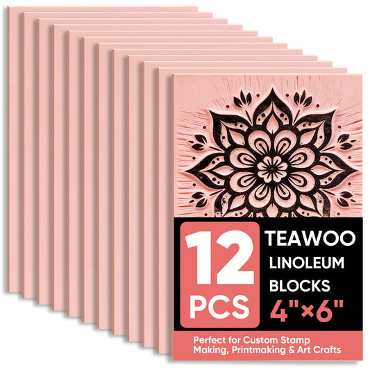 TEAWOO 12Pcs Linoleum Blocks for Printmaking – 4"x6" Premium Rubber Stamps, Printmaking Supplies for Printing, Stamp Making, and a Wide Range of DIY Craft Projects