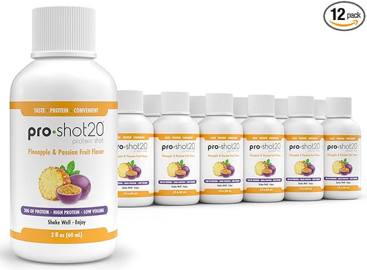 Pro-Shot20 Protein Shot Pineapple & Passion Fruit Flavor, 60 mL, 12-Pack- 20g Whey Protein & Hydrolyzed Collagen Drink- Low Calorie, Low Carb, Gluten Free, No Aspartame, Ready to Drink