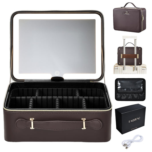 Leather Makeup Case with LED Lighted Mirror 11.4 Inch Travel Makeup Bag Adjustable Brightness in 3 Colors Cosmetic Organizer Artist Storage Bag with Dividers Brush Holder Bag Vanity Dark Brown