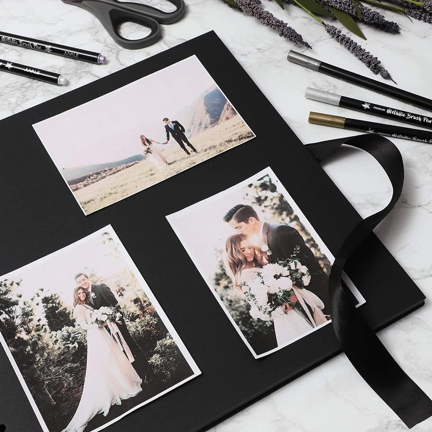 Juvale Spiral-Bound Scrapbook Album - Silk Ribbon Cover for Wedding Scrapbook - Durable Hardcover Black Paper Photo Albums - Complete Scrapbooking Supplies Kit, 80 Pages - 12.25 x 12.25 in, Black