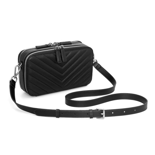 befen Quilted Genuine Leather Crossbody Bags for Women, Purses with Built in RFID Wallet, Woman Camera Shoulder Bag Handbags, Black Crossbody Purses with Adjustable Strap
