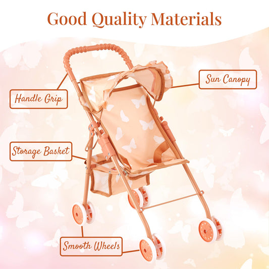 4-in-1 Baby Doll Stroller Set with Butterfly Design – Includes Toy Stroller, Crib, Bouncer & High Chair – Doll Accessories & Baby Doll Furniture Set for Toddlers 3-4 Years – Fits Dolls up to 18 Inches