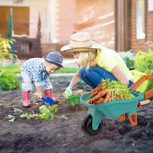 Qtioucp Kids Gardening Set with Wheelbarrow, Real Metal Garden Tools for Kids Ages 3-8, 4 Long Handle Tools, 3 Hand Tool, Gloves, 5 Stickers, Handbook, Outdoor Backyard Toys for Toddler Gift