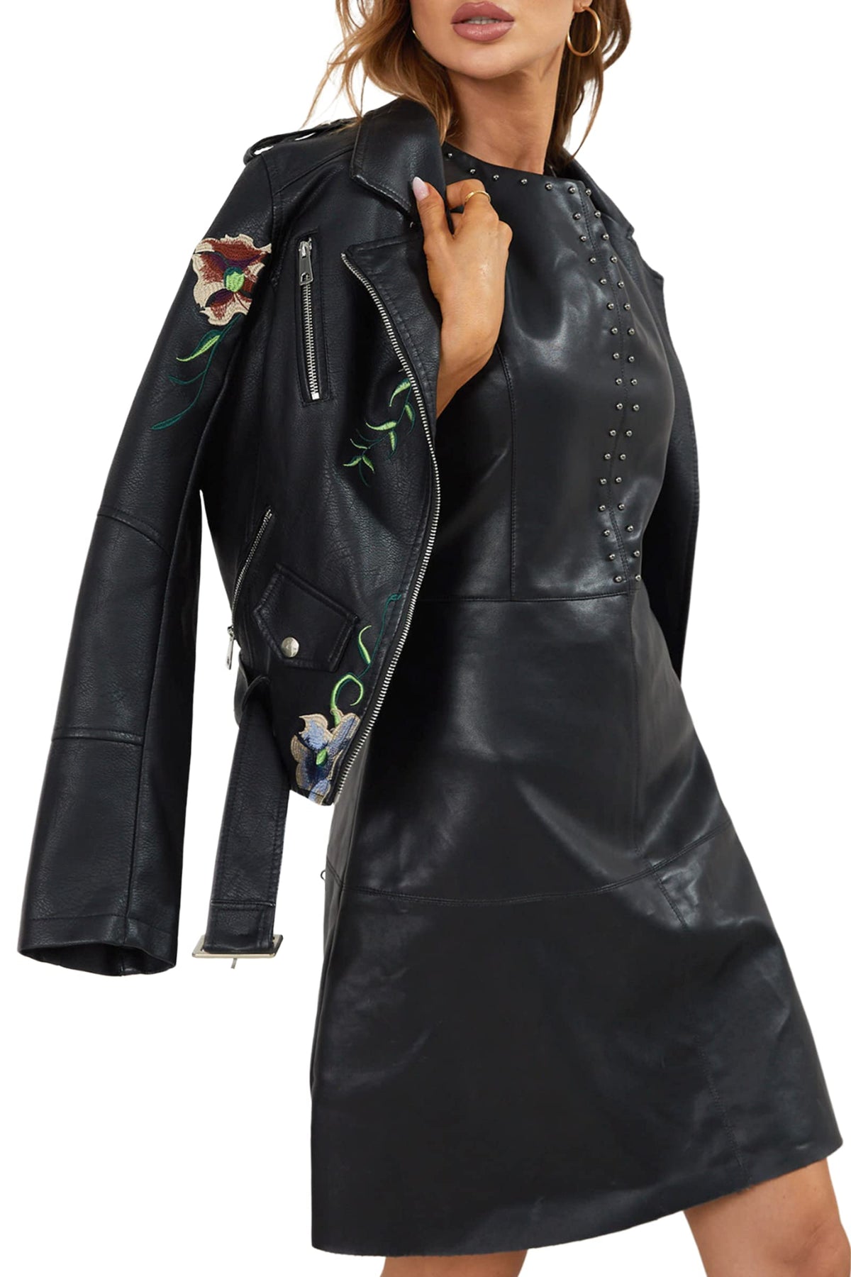 Bellivera Women's Faux Leather Jacket Floral Lightweight Moto Coat Black 2XL